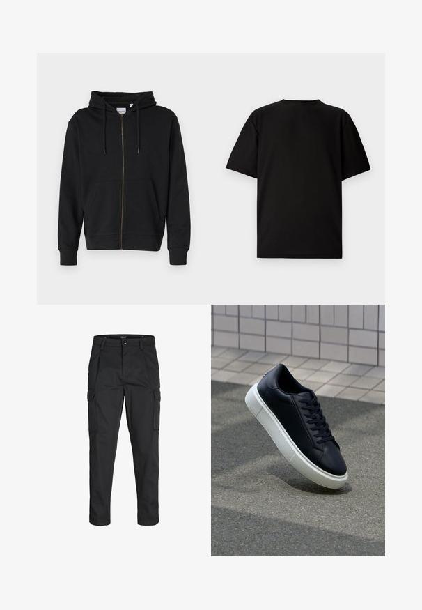 Hoodie zippé noir en coton doux, doté d'une capuche avec cordon de serrage, de poches avant et de bords côtelés. Détail de fermeture éclair doré.; T-shirt noir à manches courtes en tissu côtelé. Présente un col rond et une coupe décontractée avec une texture lisse. Vue arrière uniquement.; Pantalons cargo noirs en tissu résistant, dotés de plusieurs poches, d'une fermeture par bouton et d'une coupe slim avec des jambes fuselées.; Baskets noires en cuir avec bout arrondi et semelle en caoutchouc blanc. Elles présentent des lacets plats et une couture minimale sur la tige. Semelle texturée pour une bonne adhérence.