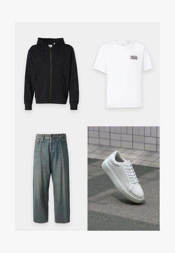 Schwarze Zip-Hoodie aus weicher Baumwolle, ausgestattet mit einer verstellbaren Kapuze, Fronttaschen und gerippten Bündchen. Goldene Reißverschlussdetails.; Weißes Baumwoll-T-Shirt mit kurzen Ärmeln und Rundhalsausschnitt. Enthält ein schwarzes Textlogo "JACK & JONES" auf der linken Brustseite. Einfaches, schlichtes Design.; Helle blaue Denim-Jeans mit lockerer Passform, mittelhoher Taille und geraden Beinen. Hat fünf Taschen, Gürtelschlaufen und einen Knopfverschluss.; Weiße Leder-Sneaker mit glatter Oberfläche, runder Zehenpartie und flachen weißen Schnürsenkeln. Verfügt über eine strukturierte Gummisohle und minimalistische Designelemente.