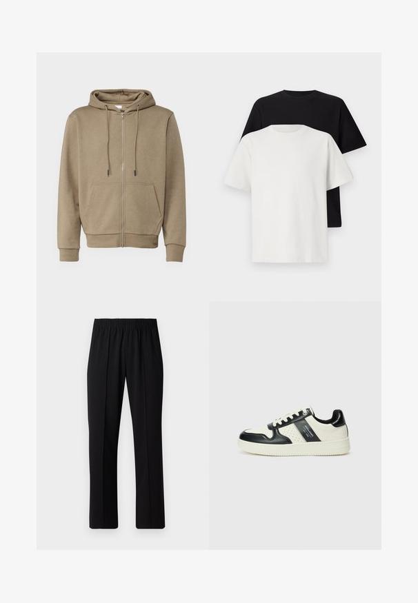 Beige zip-up hoodie van zachte stof, met een capuchon, twee zakken aan de voorkant en geribbelde boorden aan de mouwen en onderkant.; Katoenen T-shirt set met een zwarte top en een witte top, beide met korte mouwen, ronde hals en een standaard pasvorm. Textuurstof.; Zwarte, elastische broek met rechte pijpen, met een gladde textuur en zonder zichtbare patronen of hardware.; Leren sneakers met een zwart en crèmekleurig kleurenschema, voorzien van geperforeerde accenten, een gevoerde kraag en een gestructureerde buitenzool.