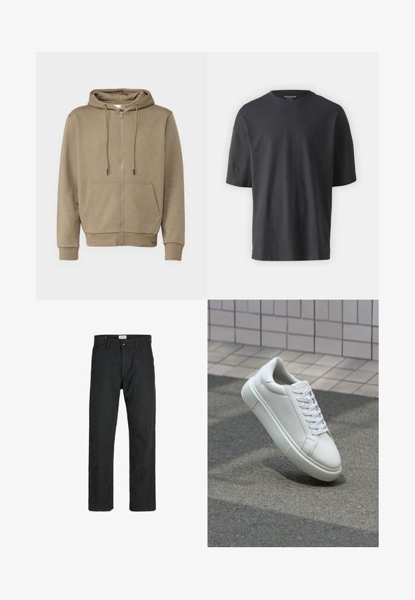 Béžová mikina na zip vyrobená z měkké tkaniny, obsahující kapuci, dvě přední kapsy a žebrované lemy na rukávech a spodním okraji.; Černé tričko s krátkým rukávem vyrobené z bavlny, s kruhovým výstřihem a volným střihem. Neobsahuje žádné vzory ani akcenty.; Černé kalhoty vyrobené z odolné tkaniny, s rovnými nohavicemi, šitými akcenty a dvěma předními kapsami pro praktičnost.; Bílé kožené tenisky s hladkým povrchem, kulatou špičkou a plochými bílými tkaničkami. Disponují texturovanou gumovou podrážkou a minimálními designovými prvky.