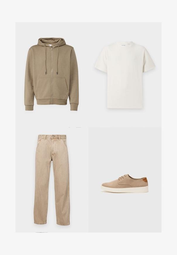 Sudadera con cremallera de color marrón claro hecha de una tela suave, que cuenta con una capucha, dos bolsillos frontales y puños acanalados en las mangas y el dobladillo.; Camiseta blanca de manga corta en textura acanalada. Cuello redondo, corte relajado, sin patrones ni acentos visibles. Diseño simple y versátil.; Jeans de mezclilla beige con un diseño de pierna recta, que cuentan con bolsillos frontales, cierre de botón de metal y una textura sutil.; Zapatillas de ante beige con puntera redondeada, cordones en la parte delantera y un acento texturizado en la parte trasera. La suela de goma blanca proporciona contraste. Diseño sencillo y moderno.
