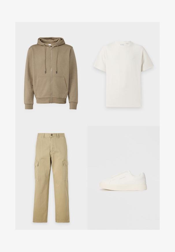 Μπεζ φούτερ με φερμουάρ, κουκούλα με κορδόνια, εμπρόσθιες τσέπες, ριμπ μανσέτες και τελείωμα. Κατασκευασμένο από μαλακό, υφασμάτινο ύφασμα με υφή για άνεση.; Λευκή κοντομάνικη μπλούζα με ριγωτή υφή. Στρογγυλή λαιμόκοψη, χαλαρή εφαρμογή, χωρίς ορατά σχέδια ή λεπτομέρειες. Απλός και ευέλικτος σχεδιασμός.; Μπεζ cargo παντελόνια φτιαγμένα από βαμβάκι, με δύο πλάγιες τσέπες, κουμπί κλεισίματος και ίσια πόδια με ελαφρώς υφαντό ύφασμα.; Λευκά slip-on παπούτσια με υφή, παχύ πάτο και μινιμαλιστικό σχέδιο. Φέρει το λογότυπο της μάρκας στο πλάι.