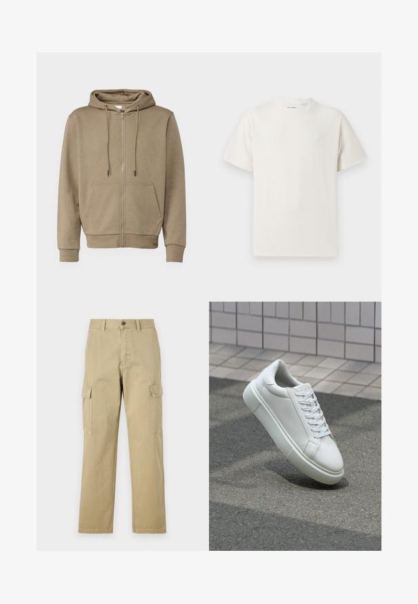 Tan spalvota zip-up gobtuvas pagamintas iš minkštos medžiagos, su gobtuvu, dviem priekinėmis kišenėmis ir susagstytomis rankovėmis bei apatine dalimi.; Balta trumpa rankovė T-polo marškinėlių su juostelėmis tekstūra. Apvalus iškirpimas, laisvas fasonas, jokių matomų raštų ar akcentų. Paprastas ir universalus dizainas.; Kreminės spalvos cargos kelnės, pagamintos iš medvilnės, su dviem šoninėmis kišenėmis, mygtukų užsegimu ir tiesiomis kojomis, šiek tiek tekstūruotu audiniu.; Balti odiniai sportbačiai su lygiu paviršiumi, apvalia nosimi ir plokščiomis baltomis raištelėmis. Yra tekstūruotas gumos padas ir minimalizmas dizaino elementuose.