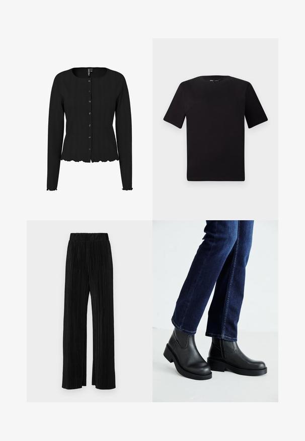 Cardigã preto de mangas longas com textura canelada, decote arredondado e barra ondulada. Apresenta fecho com botões e detalhes subtis.; T-shirt preta de mangas curtas com decote redondo, feita de tecido de algodão suave. Design simples, sem logótipos ou padrões visíveis.; Calças pregueadas pretas com uma cintura elástica. Apresentam pernas largas e um tecido liso, texturizado com riscas verticais.; Botas de tornozelo de couro preto com sola grossa e painéis elásticos laterais, combinadas com jeans azul escuro. O chão é de cor clara.