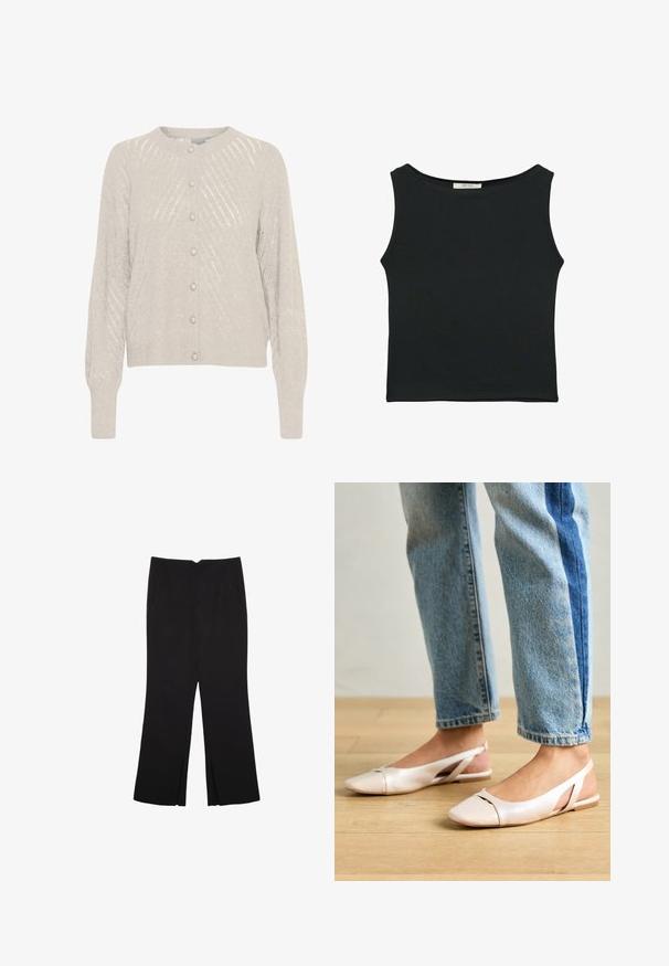 Svetlobežový kardigán s textúrovaným pleteným vzorom, s okrúhlym výstrihom a perlovými gombíkmi po celej prednej strane. Dlhé, mierne puffové rukávy.; Čierny bezrukávový top vyrobený z hladkej tkaniny, s okrúhlym výstrihom a priliehavým strihom bez viditeľných vzorov alebo ozdôb.; Čierne nohavice so strihom rovného strihu, s prednými vreckami a bočnými rozparkami na leme. Vyrobené z mäkkej, hladkej tkaniny. Vhodné na rôzne príležitosti.; Svetloružové slingback baleríny s jemne špicatou špičkou, vyrobené z hladkého materiálu pripomínajúceho kožu. Majú výrezové detaily na stranách a plochý opätok.