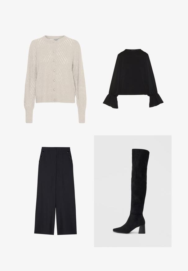 Gaiši beidža kardigāns ar teksturētu adījuma rakstu, ar apaļu kakla izgriezumu un pērļu pogām gar priekšu. Garas, nedaudz pūkainas piedurknes.; Melna garām piedurknēm krekls ar izplestu aproču, maigu tekstūru un brīvu piegriezumu, ar vienkāršu apaļu dekoltē.; Platīsara bikses tumši zilā audumā, kurām ir gluda tekstūra, priekšējie kroki un dekoratīvi zeltaini acs pie sānu kabatām.; Melna zamšāda līdz ceļiem, ar blokveida papēdi, norādītu purngalu un gludu, bezšuvju dizainu uz vienkārša gaiša fona.