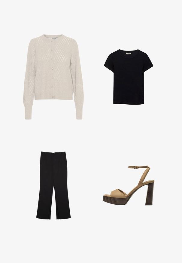 Jasno beżowy kardigan z teksturowanym splotem, z okrągłym dekoltem i perłowymi guzikami z przodu. Długie, lekko puffowane rękawy.; Czarna koszulka z krótkim rękawem, wykonana z miękkiego materiału. Posiada klasyczny okrągły dekolt i luźny krój. Brak widocznych wzorów lub akcentów.; Czarne spodnie o prostym kroju, z przednimi kieszeniami i bocznymi rozcięciami na dole. Wykonane z miękkiego, gładkiego materiału. Odpowiednie na różne okazje.; Beżowe zamszowe sandały na wysokim obcasie z szerokim paskiem z przodu i paskiem za kostkę, z masywnym drewnianym obcasem o teksturowanym wykończeniu.