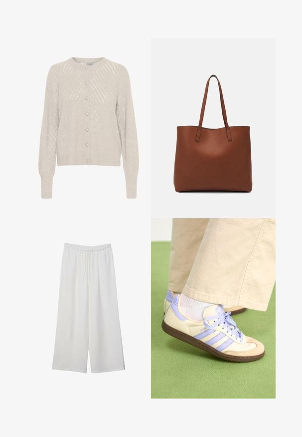 Jasno beżowy kardigan z teksturowanym splotem, z okrągłym dekoltem i perłowymi guzikami z przodu. Długie, lekko puffowane rękawy.; Biała koszulka z krótkim rękawem o luźnym kroju i marszczonym wykończeniu w talii. Wykonana z miękkiego, lekkiego materiału.; Białe szerokie spodnie wykonane z lekkiego materiału, z elastyczną talią i sznurkiem do regulacji fasonu. Gładka tekstura.; Kremowe i lawendowe trampki z trzema paskami oraz teksturowaną brązową podeszwą, wyposażone w sznurówki i wyścieloną piętę. Górna część z miękkiego materiału.; Brązowa skórzana torba tote o gładkiej fakturze, z otwartym wierzchem i dwoma ramiączkami. Charakteryzuje się minimalnym przeszyciem i brakiem widocznych elementów metalowych.