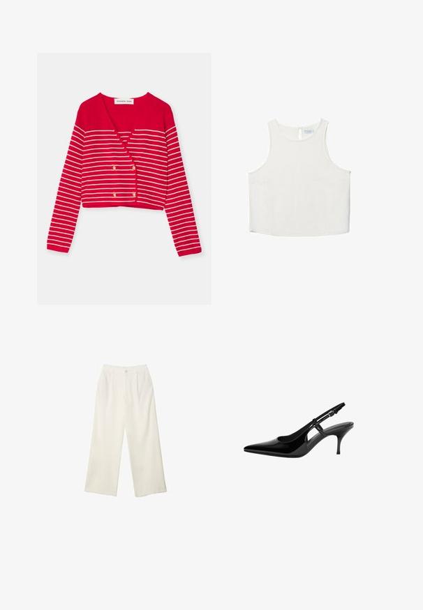 Rød cropped cardigan med hvide vandrette striber, med V-udskæring og dobbeltknappede guldknapper. Lavet af tekstureret strikket materiale.; Hvid ærmeløs top med rund halsudskæring, der har en subtil tekstur, nøglehulsbagdetalje og lige kant.; Bredde bukser i cremefarvet stof med en glat tekstur, der har en enkelt knap foran, diskrete folder og design med høj talje.; Sorte patentlæder slingback-pumper med spids tå, åbne sideudskæringer, slank hæl og justerbar ankelrem.