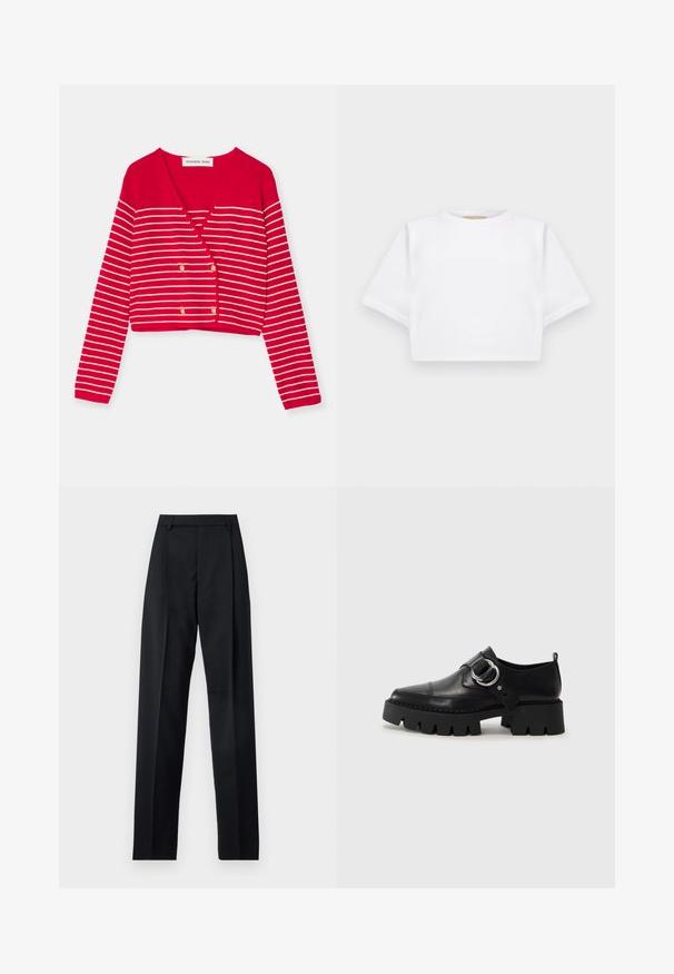 Punane lühike kardigan valgete horisontaalsete triipudega, V-kaelusega ja topelt-nööpidega kuldses värvuses. Valmistatud tekstuurilisest kudumist materjalist.; Lühikeste varrukatega, pehmest kangast lõigatud valge T-särk, millel on ümar kaelus ja soonikuga ääred. Lihtne ja ilma kaunistusteta disain.; Mustad püksid siledast kangast, millel on kõrge vöökoht, laiad jalad, esimesed kortsud ja klassikalised vööloopid. Küljepockets pole nähtavad.; Mustad musta naha jalanõud, millel on jäme ribaga tallad, ringikujuline hõbedane detail ja minimaalne õmblusdetail.