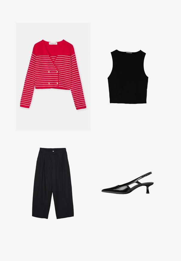 Czerwony krótki kardigan z białymi poziomymi paskami, z dekoltem w kształcie V oraz podwójnymi złotymi guzikami. Wykonany z teksturowanej dzianiny.; Czarny bezrękawnik crop top z gładkiego materiału, z okrągłym dekoltem i czystym, prostym wzornictwem, bez wzorów czy metalowych elementów.; Czarne spodnie culotte z poliestru z elastycznym pasem, dwoma fałdami z przodu i luźnym krojem. Brak widocznych wzorów lub elementów metalowych.; Czarne lakierowane czółenka na odkrytej pięcie z wąskim noskiem, z wykrojem po bokach i małym kwadratowym obcasem. Gładka faktura z minimalnymi akcentami.