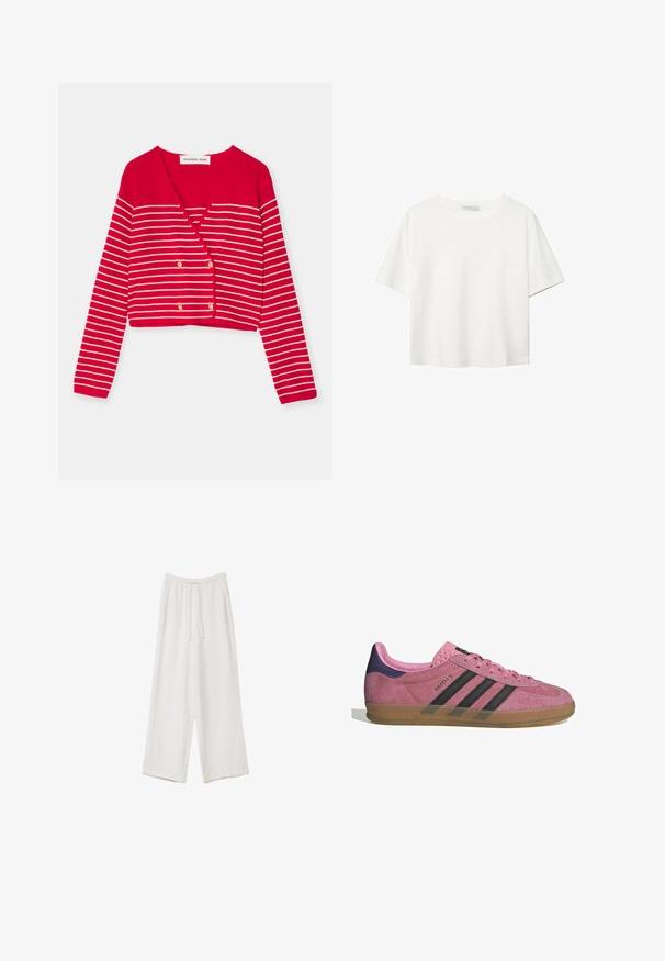 Rdeča skrajšana jopica s belimi horizontalnimi črtami, ki ima V-izrez in dvokrilne zlate gumbe. Narejena iz teksturiranega pletenega materiala.; Bela kratka majica s kratkimi rokavi iz bombaža. Ima okroglo izrezovanje in sproščen kroj. Gladka tekstura brez vidnih vzorcev ali poudarkov.; Bele široke hlače iz lahkega materiala. Imajo elastičen pas s vrvico in stranske žepe. Gladka tekstura.; Roza semišna tenisača z črnimi stripe, gumijastim podplatom in teksturiranim vijoličastim petnim delom. Ima vezalni dizajn in embosirano blagovno znamko na strani.