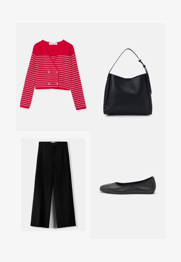 Červený skrátený kardigán s bielymi horizontálnymi pruhmi, s výstrihom do V a dvojradovým zlatým gombíkom. Vyrobený z textúrovanej pleteniny.; Dve bezrukávové rebrované roláky v čiernej a bielej farbe, pričom majú priliehavý strih a hladkú textúru, s krátkou dĺžkou.; Čierne široké nohavice z ľahkého materiálu, s predným zapínaním na gombík a plochým predným dielom, s pekne ušitými lemami.; Čierne kožené baleríny s okrúhlou špičkou, hladkým povrchom, minimálnym prešívaním a flexibilným dizajnom podrážky.; Čierna kožená hobo taška s jedným ramenným popruhom, hladkou textúrou, zúženým vrchom a minimalistickým dizajnom bez viditeľného hardvéru.