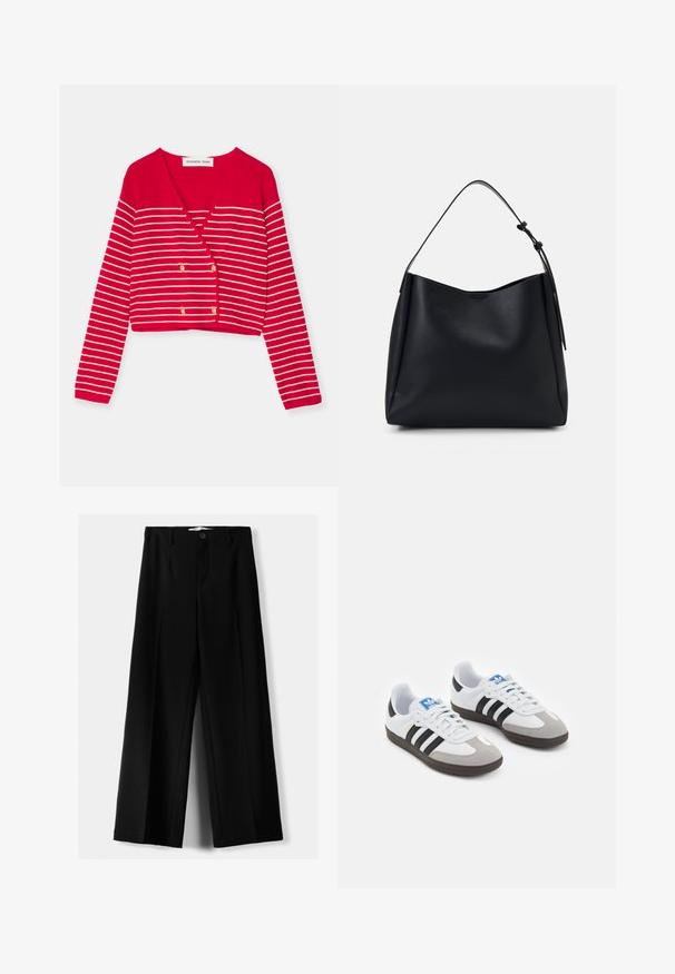 Crveni skraćeni kardigan s bijelim horizontalnim prugama, s V-izrezom i dvostrukim zlatnim dugmadi. Napravljen od teksturiranog pletenog materijala.; Dvije bezrukavne rebraste majice s visokim ovratnikom u crnoj i bijeloj boji, s prilagođenim dizajnom i glatkom teksturom, te skraćenom dužinom.; Crne široke hlače izrađene od lagane tkanine, s prednjim zatvaranjem na dugme i ravnim prednjim dijelom, sa uredno šivenim rubovima.; Sportske cipele s gornjištem od bijele kože, sivi suedinasti nos i tri crne pruge. Imaju plavi logo na jeziku i teksturiranu gumenu podlogu.; Crna kožna hobo torba s jednim remenom za rame, glatke teksture, suženi vrh i minimalistički dizajn bez vidljivog hardvera.