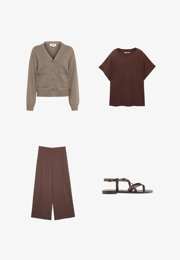 Cardigan marrone realizzato in tessuto morbido, con scollatura a V, chiusura con bottoni, due tasche frontali e polsini e orlo a coste.; Maglietta oversized marrone in cotone, con colletto rotondo, maniche corte e vestibilità comoda. Texture liscia senza motivi visibili.; Pantaloni ampi marroni con una texture liscia, caratterizzati da una vita alta e pieghe frontali. Il tessuto è leggero e scorre liberamente.; Sandal in pelle marrone con cinturini incrociati, chiusura con cinturino alla caviglia e suola piatta con dettagli di cucitura minimi.