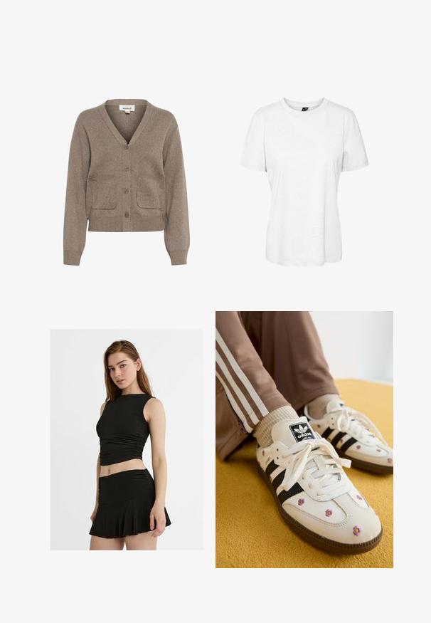 Hnědý cardigan vyrobený z měkké tkaniny, se V-výstřihem, zapínáním na knoflíky, dvěma předními kapsami a žebrovanými manžetami a spodním lemem.; Bílý krátký rukáv tričko vyrobené z bavlny s kulatým výstřihem a volným střih. Hladká textura a žádné viditelné vzory nebo ozdoby.; Černé dvoudílné oblečení zahrnující top bez rukávů s nařasením a rozšířenou mini sukni, obě vyrobené z hladké, elastické látky.; Bílé kožené tenisky se třemi černými pruhy a květinovou výšivkou v purpurové a žluté barvě. Hnědá gumová podrážka. Spárované s béžovými žebrovanými ponožkami.