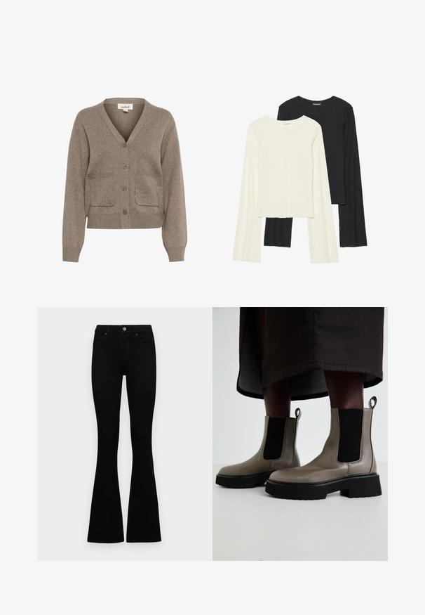 Brown cardigan made from soft fabric featuring a V-neck, button closure, two front pockets, and ribbed cuffs and hem.; Set of two long-sleeve tops in white and black. Ribbed texture, round neck, fitted design with slightly flared sleeves.; Black high-waist jeans with a button and zip closure, front pockets, and flared legs laid flat on a white background.; Gray ankle boots made of textured leather with elastic side panels and a chunky black sole. Features pull tabs for easy wear.