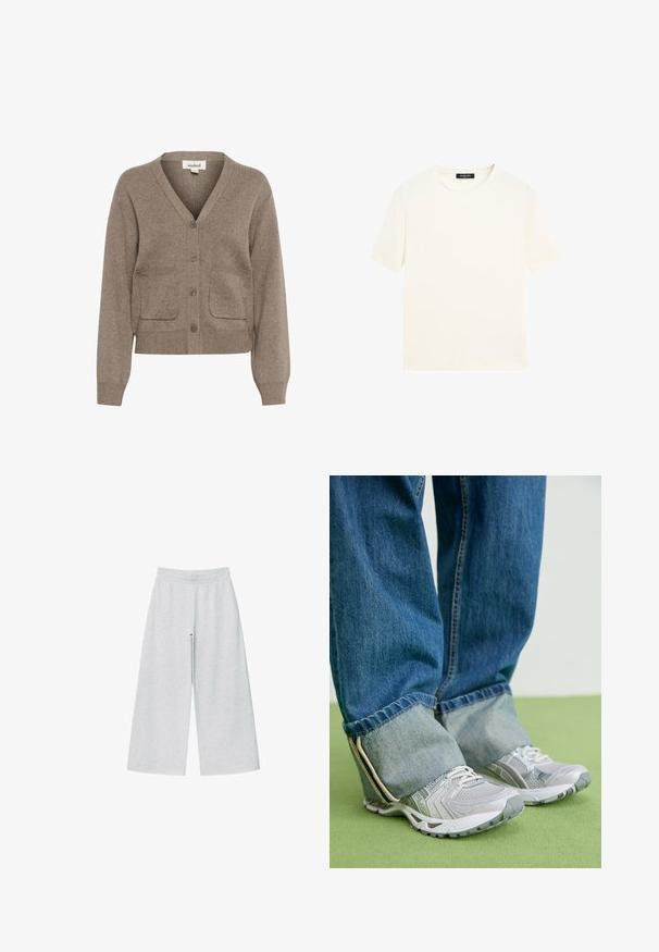 Cardigan marrone realizzato in tessuto morbido, con scollatura a V, chiusura con bottoni, due tasche frontali e polsini e orlo a coste.; Maglietta a maniche corte bianca con collo giro, con un'etichetta nera al colletto, stesa su uno sfondo bianco.; Pantaloni a gamba larga grigio chiaro realizzati in un morbido tessuto con cintura elastica. Il design presenta una vestibilità ampia per comfort e facilità di movimento.; Scarpe da ginnastica grigie in materiale mesh con dettagli bianchi, abbinate a jeans di denim blu con orli risvoltati alla caviglia.
