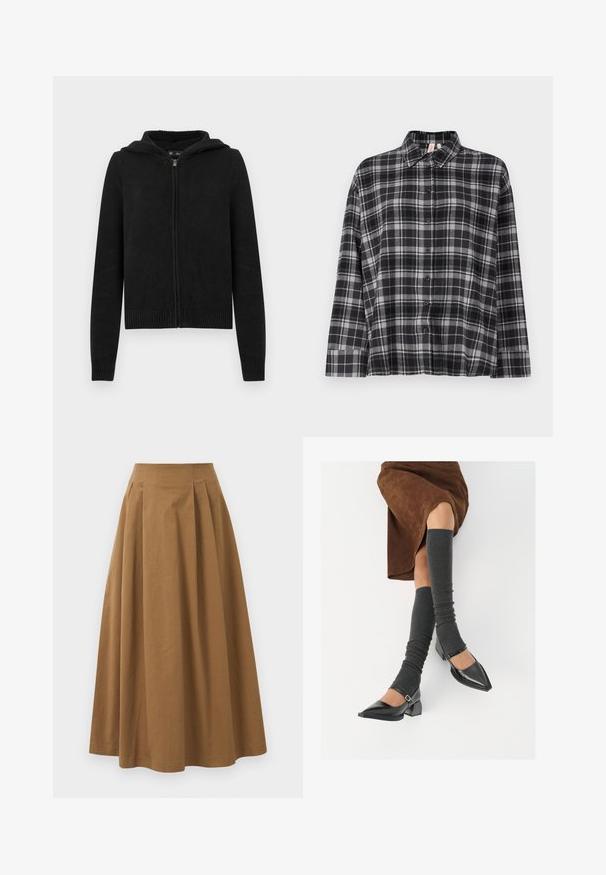 Černá mikina na zip s texturovaným pleteným vzorem, kapucí a žebrovanými manžetami a lemem. Má moderní, přiléhavý střih.; Černá a šedá kostičkovaná košile s límečkem, dlouhými rukávy a volným střihem. Tkanina vypadá měkce s mírnou strukturou.; Hnědá bavlněná sukně ve stylu A s vysokým pasem, se sklady na přední straně a hladkou texturou. Lemování je čisté a jednoduché.; Černé lakované boty s špičatou špičkou, blokovým podpatkem a kotníkovým páskem, spárované s šedými žebrovanými návleky na nohy a hnědskou sukní z semiše.
