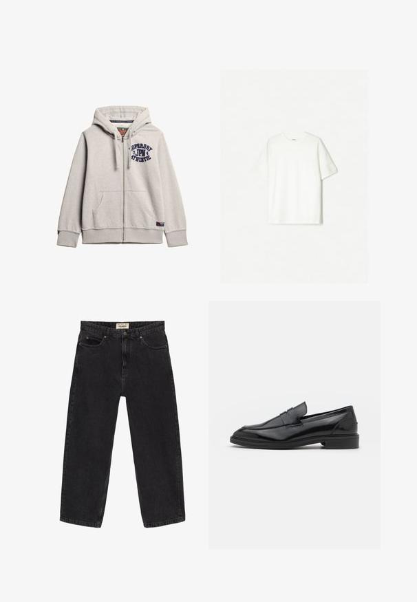 Felpa grigia con zip realizzata in misto cotone. Presenta una tasca frontale, cappuccio con coulisse e logo blu stampato sul petto. Polsini e orlo a coste.; T-shirt bianco a maniche corte, realizzato in cotone morbido. Design a girocollo con una vestibilità comoda e senza loghi o motivi visibili.; Jeans in denim nero con una vestibilità rilassata. Presentano cinque tasche, una chiusura frontale con bottone e dettagli di cucitura. Texture leggermente sbiadita.; Mocassini in pelle nera con finitura liscia, caratterizzati da una punta tonda e una fascia stretta sulla parte superiore. Tacco basso impilato.