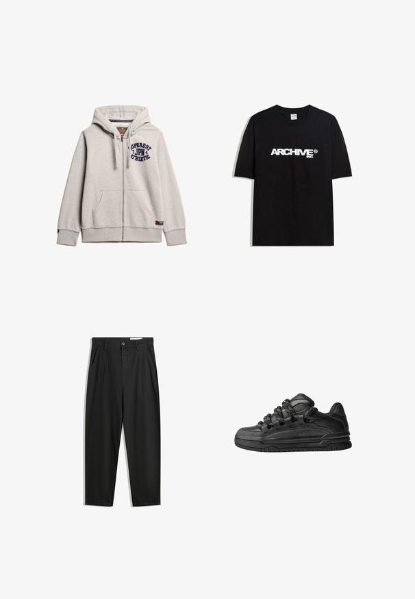 Grijze hoodie met rits, gemaakt van een katoenmix. Bevat een zak aan de voorkant, een capuchon met trekkoord en een marineblauw logo gedrukt op de borst. Geribbelde manchetten en onderrand.; Zwarte katoen T-shirt met een witte "ARCHIVE inc." logo over de borst, korte mouwen en een ronde hals.; Zwarte katoenen broeken met een losse pasvorm, voorzien van een klassieke tailleband, voorplooien en zijzakken. Gladde structuur zonder patronen.; Zwarte sneakers met een glad leren bovenwerk, gearceerde accenten en ronde zwart-witte veters. Dikke rubberen zool met een geprofileerd loopvlak.