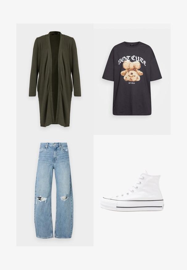 Olive green open cardigan with long sleeves, made from a soft, lightweight fabric, featuring a draped front and no fastenings.; Black oversized t-shirt featuring a graphic of a bear with the text “NOT CUTE BUT WILD” in bold, white lettering. Cotton material.; Light blue, high-waisted jeans made of denim. Feature wide legs, two torn knee areas, and classic five-pocket styling.; White high-top canvas sneaker with black rubber sole, front rubber toe cap, and six eyelets for laces, featuring a clean, minimalist design.