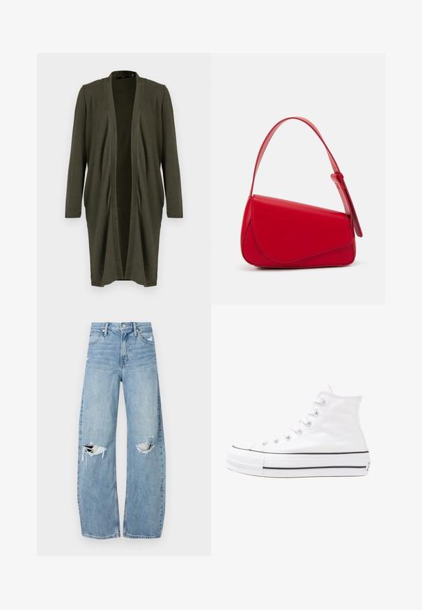 Aliejinės žalios spalvos atvira kardiganas su ilgomis rankovėmis, pagamintas iš minkštos, lengvos medžiagos, su drapiruotu priekiu ir be užsegimų.; Juodas per didelis marškinėliai su bearo grafika ir tekstu "NE SIAUBINGA, BET NERAMUS" bold baltomis raidėmis. Pagaminta iš medvilnės.; Šviesiai mėlynos, aukštu juosmeniu džinsai pagaminti iš džinsinio audinio. Turi plačias kojų kelnes, dvi suplėšytas kelio vietas ir klasikinį penkių kišenių dizainą.; Balti aukštakulniai drobės sportbačiai su juodu guminio pado, priekinio guminio piršto dangteliu ir šešiais akytėmis raištams, pasižymintys švariu, minimalistiniu dizainu.; Raudona odinė rankinė su kampuota, geometrine forma. Pasižymi viena reguliuojama dirželiu ir dangteliu su siuvinėtais dekoracijomis.