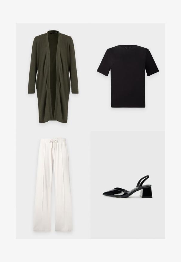 Aliejinės žalios spalvos atvira kardiganas su ilgomis rankovėmis, pagamintas iš minkštos, lengvos medžiagos, su drapiruotu priekiu ir be užsegimų.; Juodas trumpas rankovės marškinėlis su apvaliu iškirpimu, pagamintas iš minkštos medvilnės medžiagos. Paprastas dizainas, be matomų logotipų ar raštų.; Šviesiai smėlio spalvos sportinės kelnės, pagamintos iš minkštos medžiagos, su raišteliu juosmenyje, plačiomis ilgomis kojomis ir vertikaliomis siūlėmis, turinčios lygų paviršių.; Juodos lakuotos odinės šlepetės su smailiu pirštu ir geometriniu bloko kulnu. Turi elegantišką, minimalistinį dizainą ir lygų paviršių.