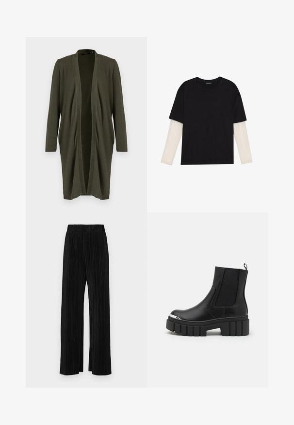 Olivgrüner offener Cardigan mit langen Ärmeln, aus einem weichen, leichten Stoff gefertigt, mit einem drapierten Vorderteil und ohne Verschlüsse.; Schwarzes T-Shirt aus Baumwolle mit kurzen Ärmeln über einer weißen Langarmschicht, die ein dezentes strukturiertes Muster aufweist. Rundhalsausschnitt.; Schwarze plissierte Hose mit elastischem Bund. Verfügt über weite Hosenbeine und einen glatten, strukturierten Stoff mit vertikalen Streifen.; Schwarze Knöchelstiefel aus glattem Leder mit elastischen Einsätzen, einer dicken Plattformsohle und einer metallischen Zehenkappe.