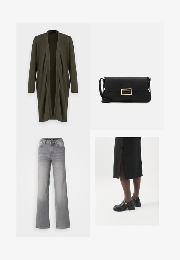 Olive green open cardigan with long sleeves, made from a soft, lightweight fabric, featuring a draped front and no fastenings.; White sleeveless tank top made of ribbed fabric, featuring a rounded neckline and a fitted silhouette, with minimal seams and no embellishments.; High-waisted straight-leg gray denim jeans with front button and zipper, front and back pockets, and faded shading on thighs and calves.; Black leather shoes with a rounded toe, thick block heel, and elastic side accents, paired with dark tights and a black skirt with a slit.; Black leather clutch bag with a flap and a gold metal buckle detail. Includes a black strap and a sleek, minimalist design.