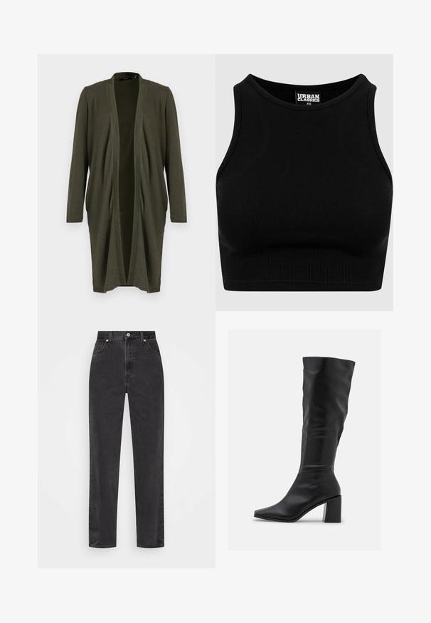 Olive zelena odprta jopica z dolgimi rokavi, izdelana iz mehkega, lahkega materiala, z drapiranim sprednjim delom in brez zapiranj.; Črni rebrasti kratki top z okroglim izrezom in brezrokavnim dizajnom. Narejen iz raztegljive, teksturirane tkanine. Etiketa nosi napis "Urban Classics."; Črne denim hlače s ravnimi nogami in visokim pasom, sprednjim gumbom in zadrgo ter petimi žepi na belem ozadju.; RAID BLICK - Škornji - black