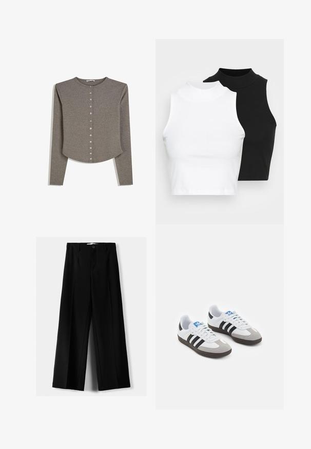 Šedý dlouhý svetr s dlouhým rukávem vyrobený z měkké látky, s kulatým výstřihem, předním zapínáním na knoflíky a mírně zakřiveným lemem.; Dvě bezrukávové halenky s ribovým stojáčkem v černé a bílé barvě, které mají přiléhavý střih a hladkou texturu, s krácenou délkou.; Černé široké kalhoty z lehkého materiálu s předním zapínáním na knoflík a hladkým předním dílem, s pečlivě přišitými lemy.; Sportovní boty s bílým koženým svrškem, šedou semišovou špičkou a třemi černými pruhy. Obsahují modré logo na jazyku a texturovanou gumovou podrážku.