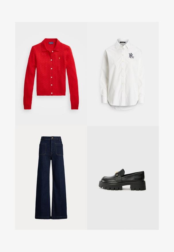 Rød strikket cardigan med kabelmønster, med kragehals, hvite knapper og en liten logo på venstre side. Strukturtstoff.; Hvit bomullsskjorte med knapper, lange ermer, spiss krage, og en marineblå logo brodert på venstre bryst. Rundet kant nederst.; Bredde ben, mørkeblå denimjeans med høy livhøyde, fem lommer og kontraststing. Har knappelukking og en strukturert fasong.; Sorte skinnloafers med en kraftig såle, med en gulltoneakcent foran og en jevn finish. Kraftig mønsterdesign på sålen.