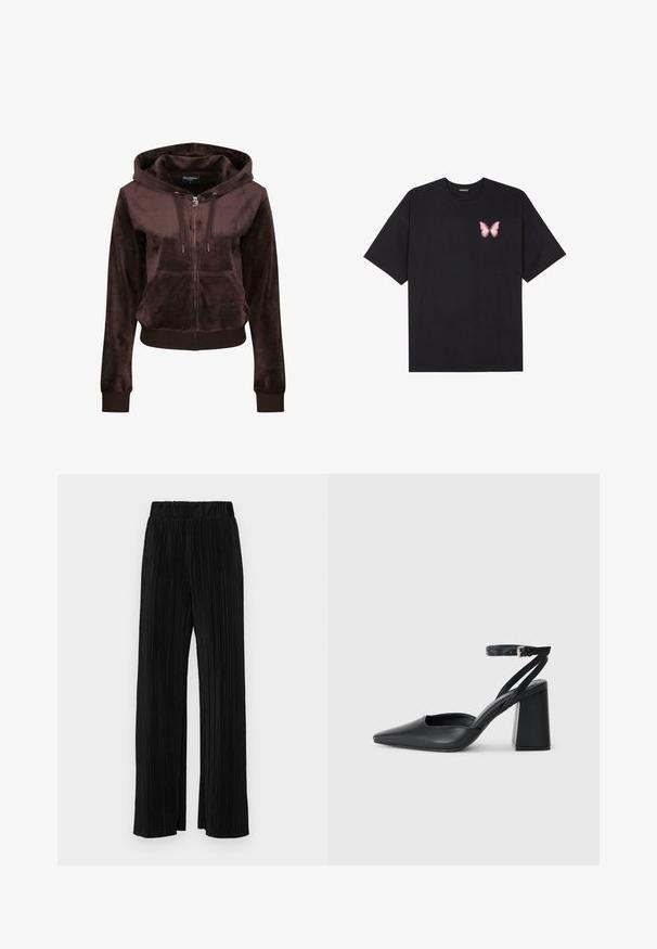 Haut à capuche zippé en velours marron avec une poche avant, capuche ajustable à cordon et logo brodé sur la poitrine. Texture douce et design ajusté.; T-shirt en coton noir à manches courtes, avec un petit graphique de papillon rose sur la poitrine gauche. Modèle à col rond avec une coupe décontractée.; Pantalons plissés noirs avec une taille élastique. Présente des jambes larges et un tissu lisse texturé avec des rayures verticales.; Escarpin noir en cuir à bout pointu avec une bride de cheville et un talon épais. Texture lisse, design élégant et esthétique minimaliste.