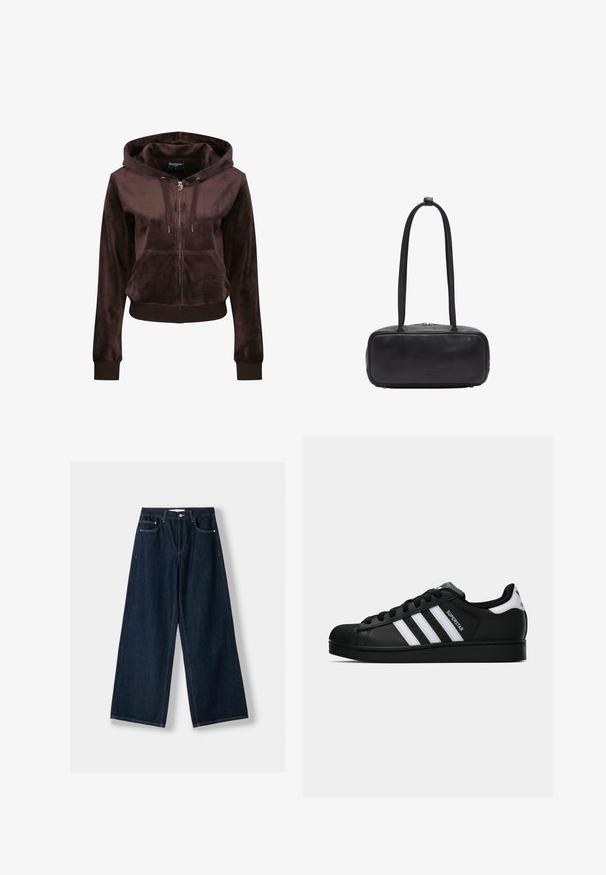 Haut à capuche zippé en velours marron avec une poche avant, capuche ajustable à cordon et logo brodé sur la poitrine. Texture douce et design ajusté.; Top sans manches blanc avec bretelles réglables, design ajusté, texture de tissu lisse et encolure ronde. Aucun motif ni détail matériel.; Jeans larges bleu foncé en denim. Comprend cinq poches, une fermeture par bouton et zip, et des détails de couture contrastés.; Baskets Adidas Superstar noires avec rayures blanches, bout en coque, et texte "Superstar" sur le côté, montrées en profil sur fond blanc.; Sac en cuir noir de forme rectangulaire, doté de deux longues poignées, d'une fermeture éclair et d'une marque discrète à l'avant.