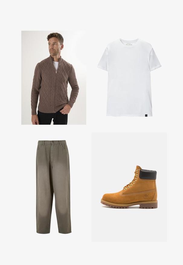 Hnědý pletený kardigan se zvonkovými vzory, plným zipem a žebrovanými manžetami a lemem. Vyrobeno z texturované tkaniny, má vysoký límec.; Bílá tričko s těsným střihem vyrobené z bavlny. Kolečkový výstřih, krátké rukávy, hladká textura. Malá černá visačka s logem na lemu. Jednoduchý design.; Světle zelené široké kalhoty vyrobené z měkké tkaniny. Mají zapínání na knoflík, přední kapsy a hladký celkový vzhled.; Hnědé semišové kotníkové boty s černým polstrovaným límcem, zlatými kovovými očky, bílým prošíváním a odolnou gumovou podrážkou s výraznými drážkami.