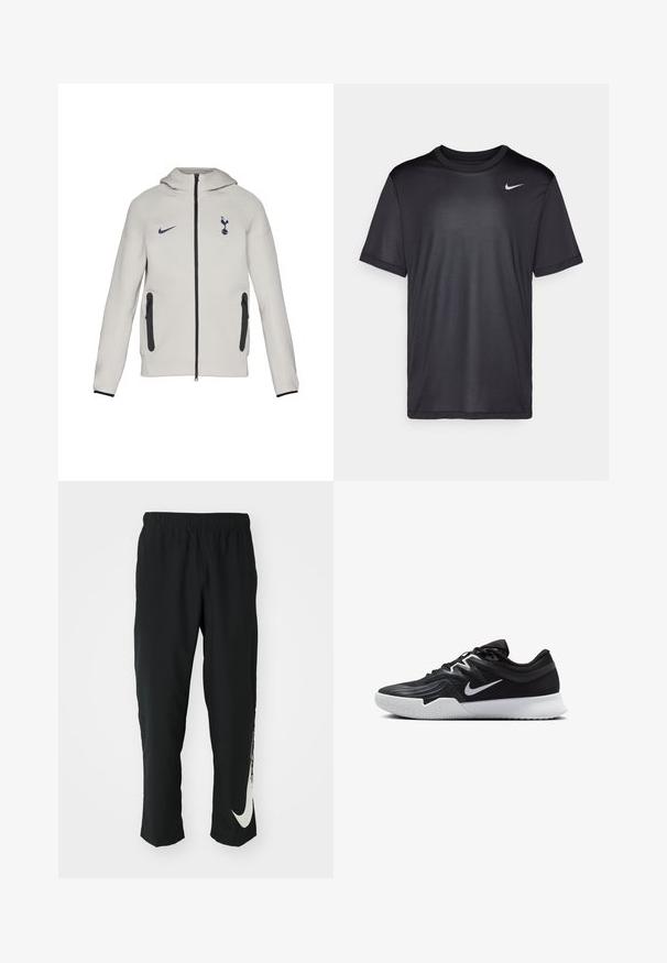 Világosszürke zipzáros kapucnis pulóver, Nike logóval és Tottenham emblémával, fekete cipzárakkal és részletekkel, sima anyagból, kapucnis fazonnal.; Fekete sportpóló rövid ujjakkal, kerek nyakkal, sima anyagból készült. Az elülső bal felső részen egy kis fehér Nike logó található.; Fekete sportnadrág rugalmas derékpánttal, szűkített kialakítással, az előtérben egy nagy fehér Nike logóval a bal lábon. Puha, könnyű anyag.; Fekete sportcipő texturált felsőrésszel, fehér Nike logóval és fehér gumitalppal. Fűzős kialakítással és dinamikus formával rendelkezik.