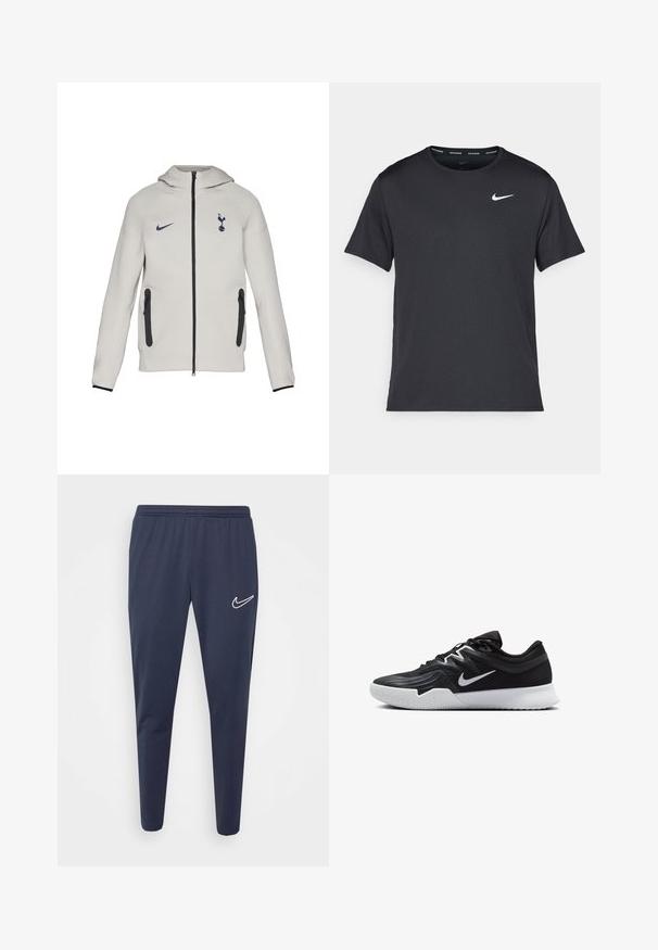 Vaaleanharmaa vetoketjullinen huppari, jossa on Nike-logo ja Tottenhamin emblem, mustat vetoketjut ja yksityiskohdat, sileä kangas ja huppumallinen muotoilu.; Musta Nike juoksupaita, joka on valmistettu kevyestä ja hengittävästä materiaalista. Paidassa on lyhyet hihnat ja pieni valkoinen logo rinnassa.; Tummansininen urheiluhousut, joissa on joustava vyötärö, kapenevat lahkeet, sileää kangasta ja valkoinen Nike-logo vasemmalla puolella.; Musta urheilukenkä, jossa on teksturoitu päällinen, valkoinen Nike-tikkaus ja valkoinen kumipohja. Kenkässä on nauhakuji ja dynaaminen muoto.
