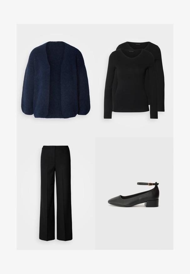 Lindex VANESSA - Gilet - navy; Deux chemises noires à manches longues avec un design en V, fabriquées en tissu doux et extensible, présentant une texture lisse et une silhouette ajustée.; Pantalons larges noirs en tissu lisse, dotés d'une taille haute, de coutures taillées et d'un design minimaliste. Aucun matériel visible ni poches.; Escarpin en cuir noir avec un bout pointu et un petit talon bloc. Doté d'une bride de cheville avec une boucle dorée. Texture lisse.