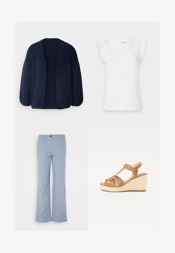 Lindex CARDIGAN VANESSA - Kardigán - navy; Fehér, rövid ujjú pamut póló fodros díszítéssel a vállaknál és kerek nyakkivágással. Sima textúra és klasszikus fazon.; Világoskék vászon nadrág egyenes szárakkal, gombos záródással és felhajtott szegéllyel. Simás textúra, hétköznapi viseletre tervezve.; Barna wedge szandálok keresztszalagos dizájnnal, állítható bokapánttal és texturált szőtt espadrille stílusú wedge platformmal.