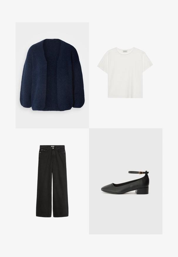 Lindex CARDIGAN VANESSA - Vest - navy; Witte T-shirt met korte mouwen, gemaakt van zachte katoen. Heeft een ronde halslijn en een relaxte pasvorm. Schoon ontwerp zonder zichtbare patronen of accenten.; Zwarte denim jeans met wijde pijpen en een hoge taille. Bevat vijf zakken, metalen beslag en een nette afwerking. De textuur is glad en zacht.; Zwarte leren pump met een spitse neus en een lage blokhak. Beschikt over een enkelband met een goudkleurige gespsluiting. Gladde textuur.