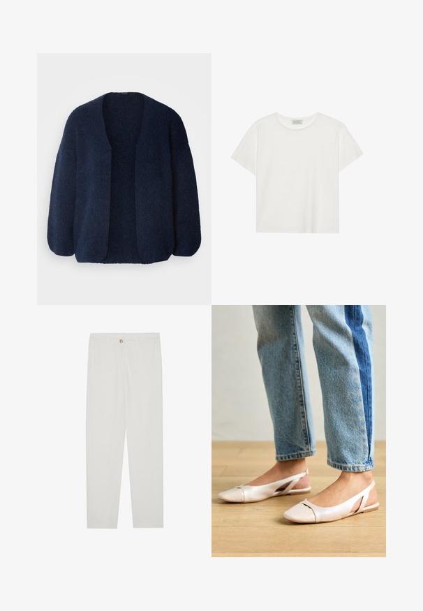 Lindex CARDIGAN VANESSA - Jopica - navy; Bela kratkotrajna majica s kratkimi rokavi, narejena iz mehke bombažne tkanine. Ima okroglo ovratnico in sproščen kroj. Čist dizajn brez vidnih vzorcev ali akcentov.; Bela, krojena hlače z ravnimi nogami, ki vključujejo gumbasto zapiranje, zanke za pas in stranske žepe; gladka tekstura tkanine.; Svijetloružičaste slingback balerinke s šiljastim nožnim prstima, napravljene od glatkog materijala nalik koži. Imaju izrezane detalje sa strane i ravne pete.