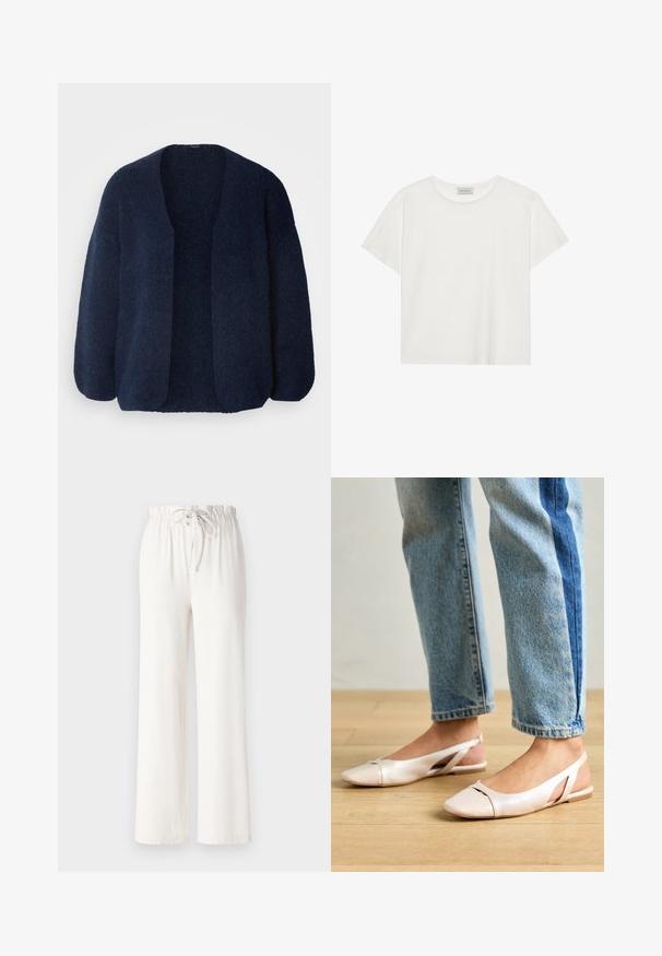 Lindex VANESSA - Cardigan - navy; White short-sleeve T-shirt made of soft cotton. Features a round neckline and relaxed fit. Clean design with no visible patterns or accents.; White wide-leg pants made of soft fabric, featuring a drawstring waist and smooth texture. No patterns or embellishments visible.; Pale pink slingback flats with a pointed toe, made from a smooth leather-like material. Features cut-out details at the sides and a flat heel.
