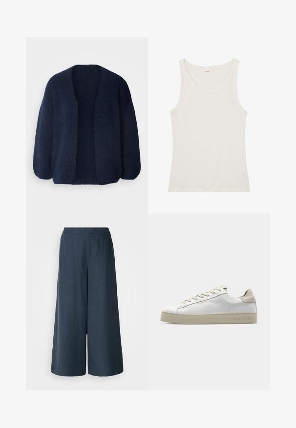 Lindex CARDIGAN VANESSA - Kardigan - navy; Valge puuvillane top, millel on lai kaelus ja õhukesed õlavarre rihmad. Sile tekstuur ilma nähtavate mustrite või kaunistusteta.; Kitsad laiad püksid tumesinisest kergest kangast. Omavad veidi tekstuurset pinda, elastset vööd ja esimesi õmblusi.; Valge nahast toss, millel on sile pind, beežist seemisnahast aktsendid, ümar nina, lame puuvillane pael ja tekstuuriga kummitald.
