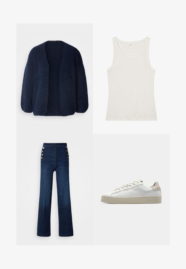 Lindex CARDIGAN VANESSA - Cardigan - navy; Top din bumbac alb, fără mâneci, cu un decolteu larg și bretele subțiri. Textură netedă, fără modele sau embellismente vizibile.; Pantaloni largi din denim bleu închis, cu talie înaltă, accente cu nasturi aurii pe lateral și o textură netedă cu decolorări subtile.; Adidași din piele albă cu finisaj neted, accente din suede bej, vârf rotund, design cu șireturi plate și talpă din cauciuc texturat.