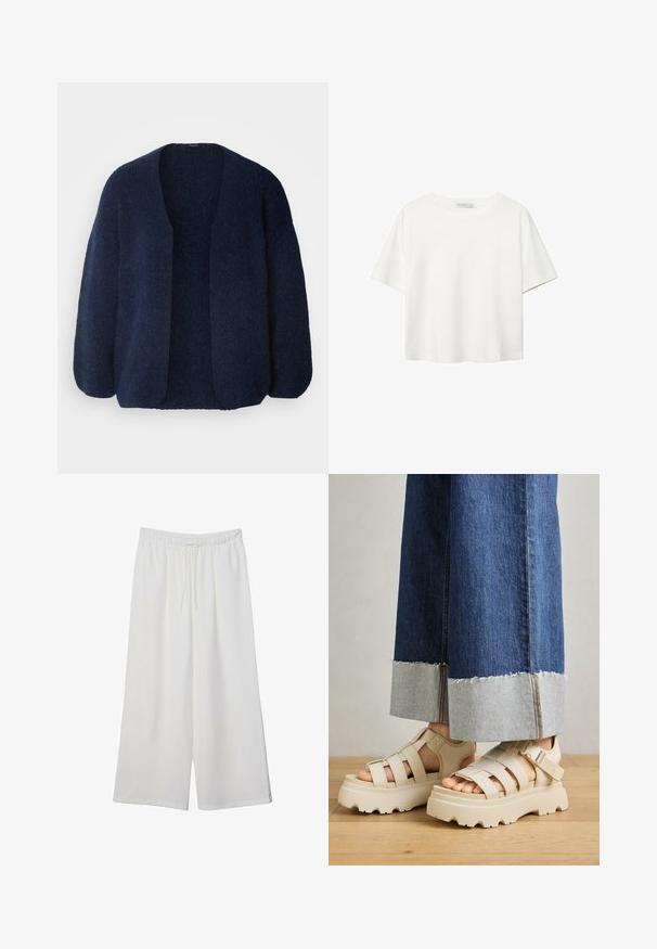 Lindex CARDIGAN VANESSA - Cardigan - navy; T-shirt bianco a maniche corte realizzato in cotone. Presenta un collo tondo e una vestibilità rilassata. Texture liscia senza motivi o dettagli visibili.; Pantaloni bianchi a gamba larga realizzati in tessuto leggero, dotati di una vita elastica e di un cordino per una vestibilità regolabile. Texture liscia.; Sandali platform beige con suole spesse presentano un design a cinturini e fettucce regolabili alla caviglia. Indossati con pantaloni in denim a gamba larga, un'orlo è sfilacciato.