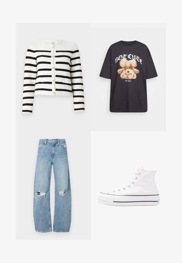 Striped cardigan in cream and black, knitted texture, round neckline, front button closure with decorative buttons, two front pockets.; Black oversized t-shirt featuring a graphic of a bear with the text “NOT CUTE BUT WILD” in bold, white lettering. Cotton material.; Light blue, high-waisted jeans made of denim. Feature wide legs, two torn knee areas, and classic five-pocket styling.; White high-top canvas sneaker with black rubber sole, front rubber toe cap, and six eyelets for laces, featuring a clean, minimalist design.