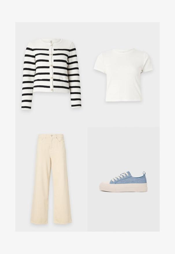 Rūtainais kardigāns krēmkrāsā un melnā krāsā, adīts tekstūra, apaļa kakla izgriezums, priekšējā pogu aizdare ar dekoratīvām pogām, divas priekšējās kabatas.; Īsa balta T-kreklā izgatavots no kokvilnas ar īsām piedurknēm, apaļu kakla izgriezumu un taisnu apakšu, piedāvā gludu tekstūru un minimālistisku dizainu.; Bežīgas platpēdas džinses, izgatavotas no kokvilnas. Iekļauj pogu aizdari, jostas cilpas un priekšējos kabatas ar gludu, mīkstu tekstūru.; Gaiši zili kanvas sneakeri ar krēmkrāsas gumijas pirksta aizsargu un ārējo zoli, aprīkoti ar baltām šņorēm un cilpu uz papēža.