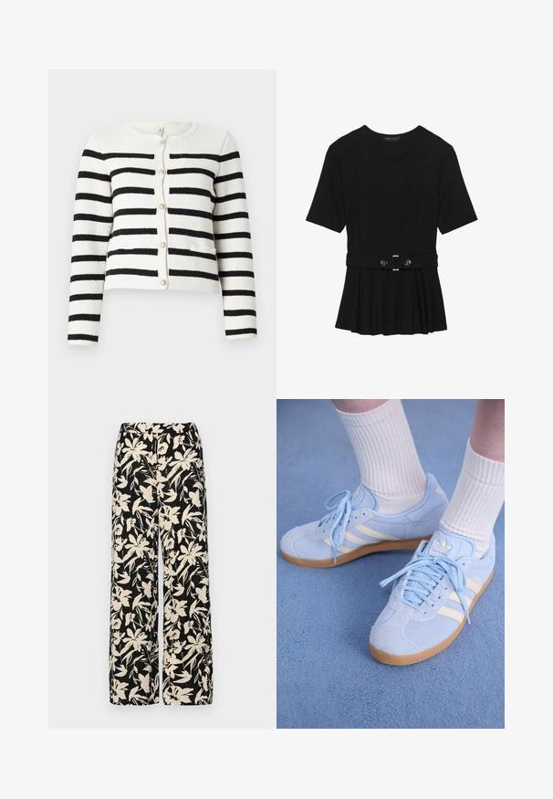 Striped cardigan in cream and black, knitted texture, round neckline, front button closure with decorative buttons, two front pockets.; Black short-sleeve top made of smooth material, featuring a peplum design and a belted waist with two round, silver-tone buttons.; Black wide-leg pants with a cream floral pattern. Made of lightweight fabric, featuring a smooth texture and a high waistband.; Light blue suede sneakers with white stripes, flat laces, and a gum rubber sole. Ribbed white socks are worn above the ankle.