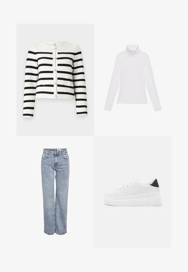Striped cardigan in cream and black, knitted texture, round neckline, front button closure with decorative buttons, two front pockets.; White long-sleeve turtleneck top made of smooth, stretchy fabric. Features a high collar and fitted design, with no visible patterns or embellishments.; Light blue wide-leg jeans made from denim, featuring a high waist, five-pocket design, and subtle fading for a worn-in look.; White platform sneakers made of smooth synthetic material, featuring a rounded toe, lace-up design, and a textured rubber sole. Black heel accent.